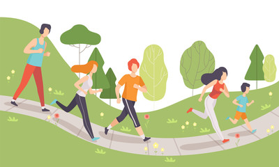 Young Men and Women Running and Jogging in Park, Physical Activities Outdoors, Healthy Lifestyle and Fitness Vector Illustration