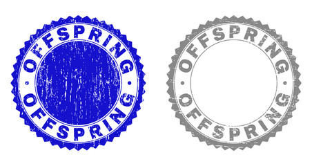 Grunge OFFSPRING stamp seals isolated on a white background. Rosette seals with grunge texture in blue and gray colors. Vector rubber stamp imitation of OFFSPRING tag inside round rosette.