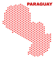 Mosaic Paraguay map of love hearts in red color isolated on a white background. Regular red heart pattern in shape of Paraguay map. Abstract design for Valentine illustrations.