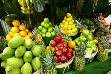 A selection of fresh fruits, at a fruit market