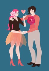 Valentines day greeting card. Young happy couple in love on emerald green background.