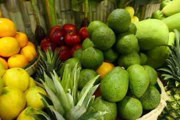A selection of fresh fruits, at a fruit market