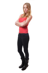 full length body shot of a cool young woman wearing jeans and tanktop                              