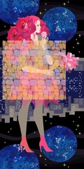 A teenage girl with a hairdo in the form of a bouquet of roses in a night space with stars and planets against the backdrop of a big city.