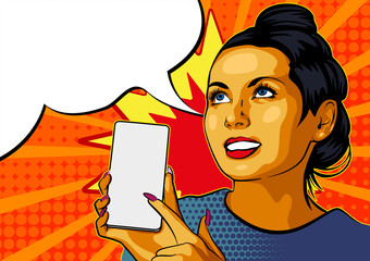 Pinup girl with Smartphone. Beautiful woman showing on the display of her phone. Vector illustration