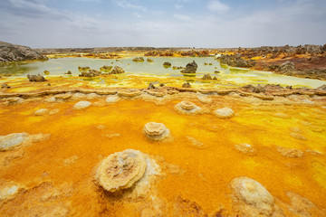 Dallol is an active volcanic crater in the Danakil Basin, Ethiopia. Africa. The volcano is known for its extraterrestrial landscapes resembling the surface of Io, the satellite of the planet Jupiter. 