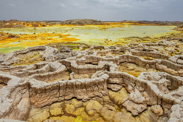 Dallol is an active volcanic crater in the Danakil Basin, Ethiopia. Africa. The volcano is known for its extraterrestrial landscapes resembling the surface of Io, the satellite of the planet Jupiter. 