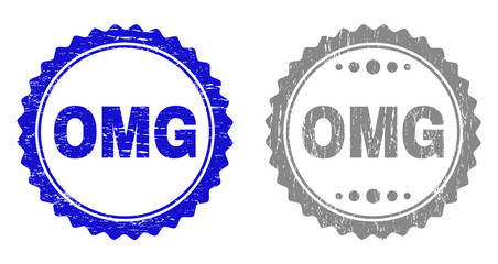 Grunge OMG stamp seals isolated on a white background. Rosette seals with grunge texture in blue and gray colors. Vector rubber stamp imitation of OMG text inside round rosette.