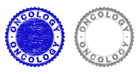 Grunge ONCOLOGY stamp seals isolated on a white background. Rosette seals with grunge texture in blue and grey colors. Vector rubber stamp imprint of ONCOLOGY caption inside round rosette.