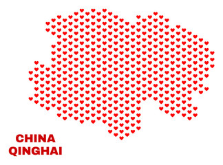 Mosaic Qinghai Province map of heart hearts in red color isolated on a white background. Regular red heart pattern in shape of Qinghai Province map. Abstract design for Valentine decoration.