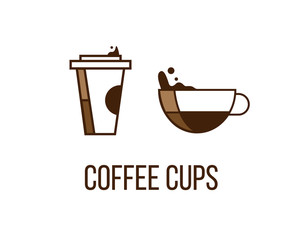 Paper and ceramic or glass cup filled with coffee. Cofee cups creative vector icons. Logo, design elements for cafe, coffee related brand. Isolated on white background.