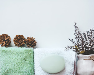 Spa treatments. Beautiful spa composition with  flowers on table close up. Spa still life with aromatic candles,candle background light  table relaxation spa beauty aromatherapy luxury closeup.