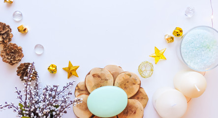 Spa treatments. Beautiful spa composition with  flowers on table close up. Spa still life with aromatic candles,candle background light  table relaxation spa beauty aromatherapy luxury closeup.