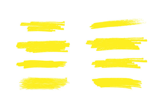 Vector illustration of stain strokes, hand drawn yellow highlight japan marker lines. Brushes stripes isolated on white background.