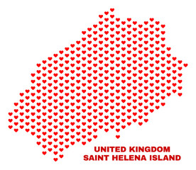 Mosaic Saint Helena Island map of love hearts in red color isolated on a white background. Regular red heart pattern in shape of Saint Helena Island map. Abstract design for Valentine illustrations.