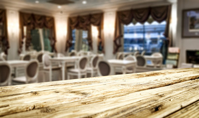Table background of free space and restaurant interior 
