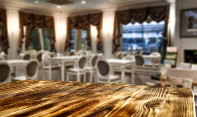 Table background of free space and restaurant interior 