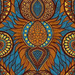 African print in blue, orange and yellow colors. Colorful ethnic seamless pattern - obrazy, fototapety, plakaty