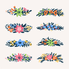 Fototapeta na wymiar Cute little floral bouquets borders, retro styled flowers. Useful for create wedding cards, product packaging, logos, invitations, text design.
