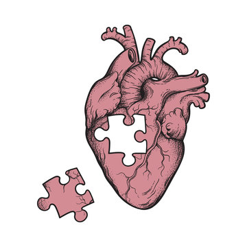 Human heart with missing puzzle piece hand drawn line art and dotwork. Flash tattoo or print design vector illustration.