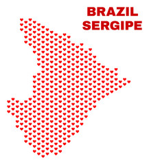 Mosaic Sergipe State map of love hearts in red color isolated on a white background. Regular red heart pattern in shape of Sergipe State map. Abstract design for Valentine illustrations.