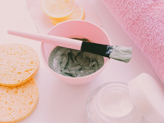 Clay mask for face and body. Dead sea mud mask - beauty products ingredients on light background, top view. Beauty concept. Flat lay. closeup texture of blue facial clay, copy space.homemade cosmetics