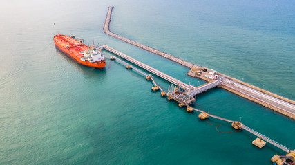 Fuel tanker ship loading in port view from above, Tanker ship logistic import export business and...