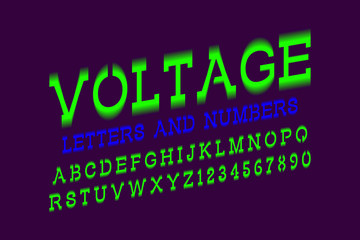 Voltage letters and numbers. Green electric vibrant font. Isolated english alphabet.