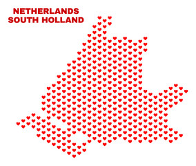 Mosaic South Holland map of love hearts in red color isolated on a white background. Regular red heart pattern in shape of South Holland map. Abstract design for Valentine illustrations.