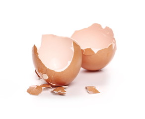 Cracked egg shells isolated on white background