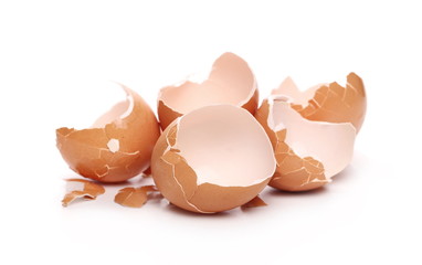Cracked egg shells isolated on white background