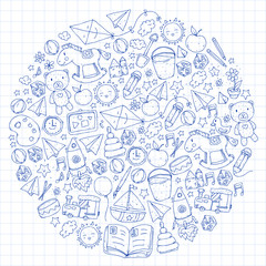 Kindergarten with toys. Pattern for children. Little preschool kids education. Drawing, learning, play