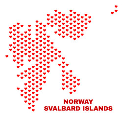 Mosaic Svalbard Islands map of heart hearts in red color isolated on a white background. Regular red heart pattern in shape of Svalbard Islands map. Abstract design for Valentine decoration.