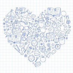 Kindergarten with toys. Pattern for children. Little preschool kids education. Drawing, learning, play