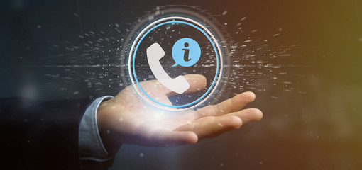 Businessman holding a customer and assistance hotline service button 3d rendering