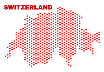 Mosaic Switzerland map of heart hearts in red color isolated on a white background. Regular red heart pattern in shape of Switzerland map. Abstract design for Valentine illustrations.