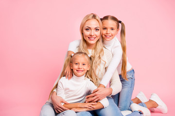 Portrait of nice-looking cute attractive charming cheerful cheery people mom mum mommy sitting...