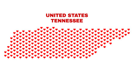 Mosaic Tennessee State map of love hearts in red color isolated on a white background. Regular red heart pattern in shape of Tennessee State map. Abstract design for Valentine illustrations.