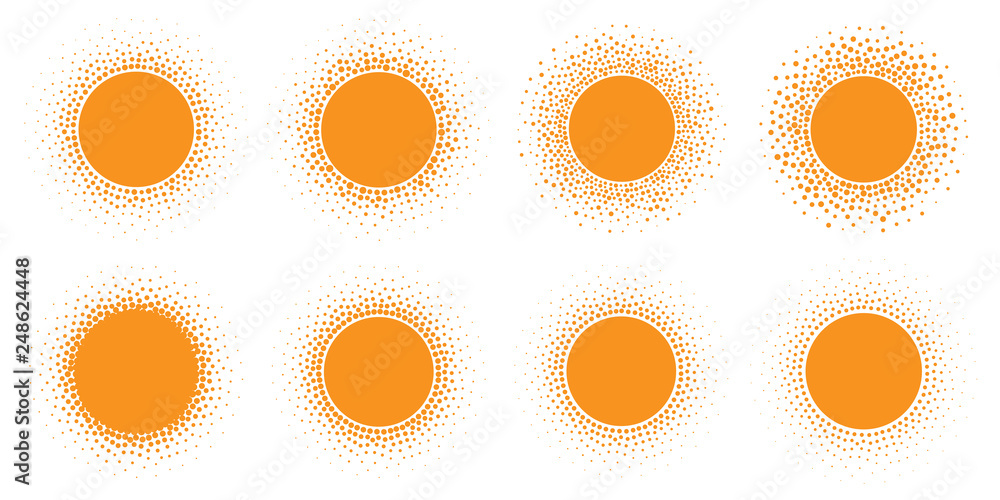 Wall mural Sun icon set. Halftone orange circle with gradient texture circles logo design element. Vector illustration