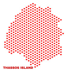 Mosaic Thassos Island map of valentine hearts in red color isolated on a white background. Regular red heart pattern in shape of Thassos Island map. Abstract design for Valentine illustrations.