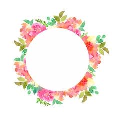 Floral frame. Floral wreath with watercolor flowers. Wedding invitation design. Round floral decorative border.