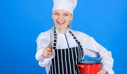 Whipping like pro. Girl in apron whipping eggs or cream. Start slowly whisking whipping or beating cream. Use hand whisk. Whipping cream tips and tricks. Woman professional chef hold whisk and pot