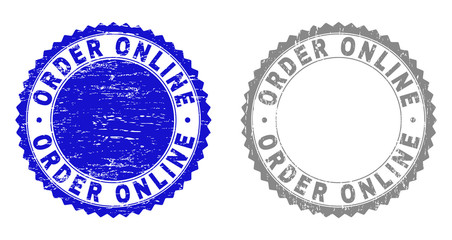 Grunge ORDER ONLINE stamp seals isolated on a white background. Rosette seals with grunge texture in blue and grey colors. Vector rubber stamp imitation of ORDER ONLINE label inside round rosette.