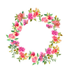 Floral frame. Floral wreath with watercolor flowers. Wedding invitation design. Round floral decorative border.