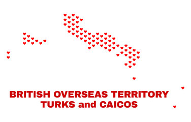 Mosaic Turks and Caicos Islands map of love hearts in red color isolated on a white background. Regular red heart pattern in shape of Turks and Caicos Islands map.