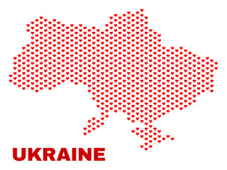 Obraz premium Mosaic Ukraine map of love hearts in red color isolated on a white background. Regular red heart pattern in shape of Ukraine map. Abstract design for Valentine illustrations.