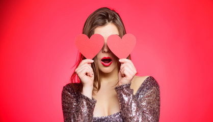 Woman in stylish dress hold symbol love. Romantic mood. Girl in love dating. Obsession concept. Fall in love. Girl adorable fashion model makeup face hold heart valentines card. Love from first sight - obrazy, fototapety, plakaty