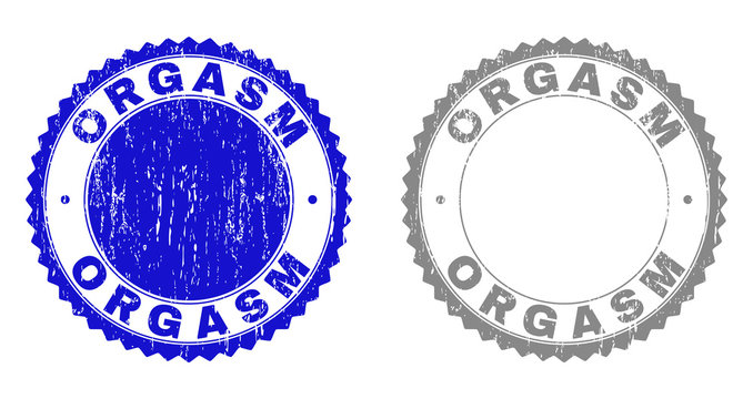 Grunge ORGASM stamp seals isolated on a white background. Rosette seals with distress texture in blue and gray colors. Vector rubber stamp imprint of ORGASM tag inside round rosette.