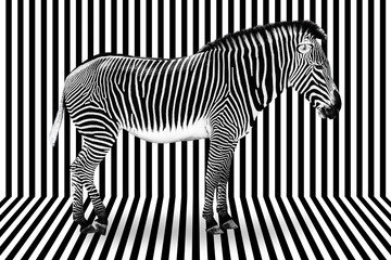 Surreal zebra on black and white striped background