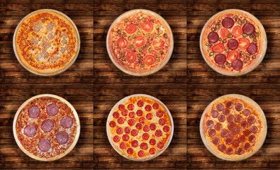 A set of six pizzas on a wooden background. 1) With tuna 2) With jalapeno 3) Devil 4) Salami 5-6) Pepperoni	